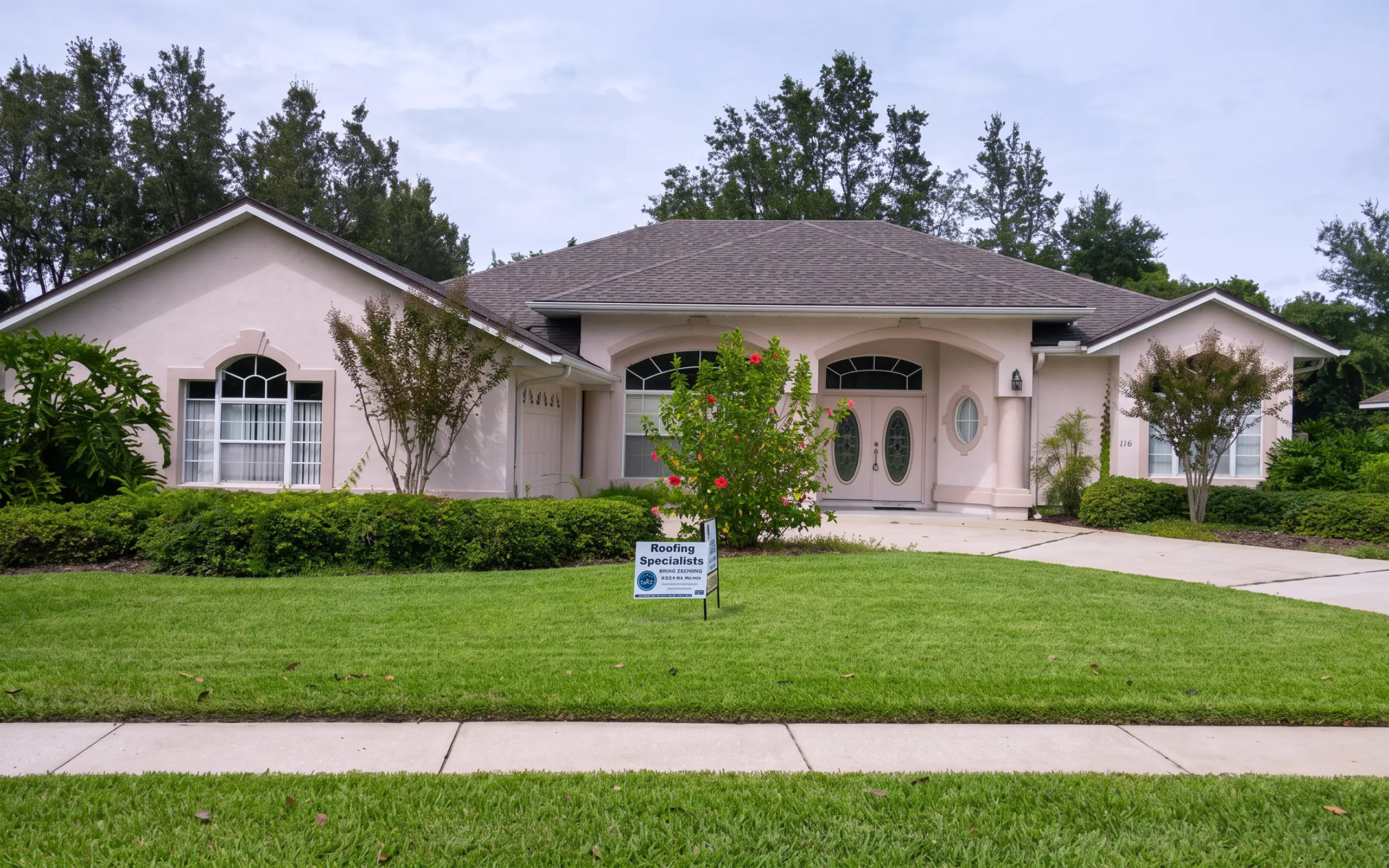 Single-story Florida home with a re-roofing job in progress, yard sign out front.