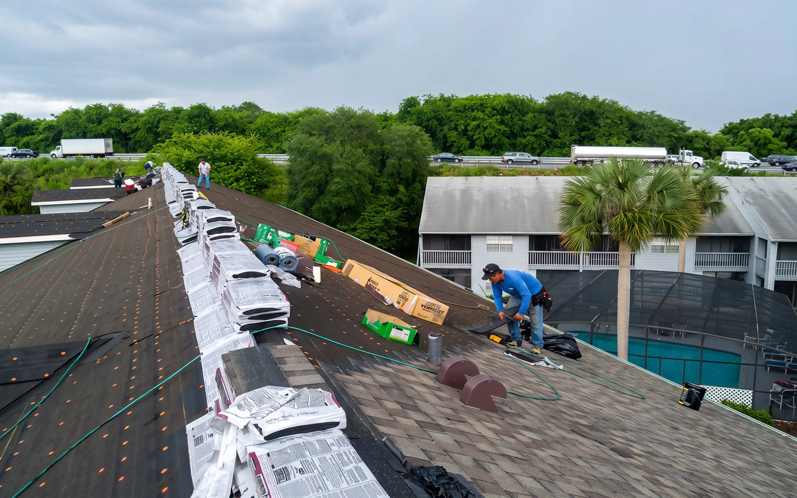 Crew installing asphalt shingles on a large residential complex roof.