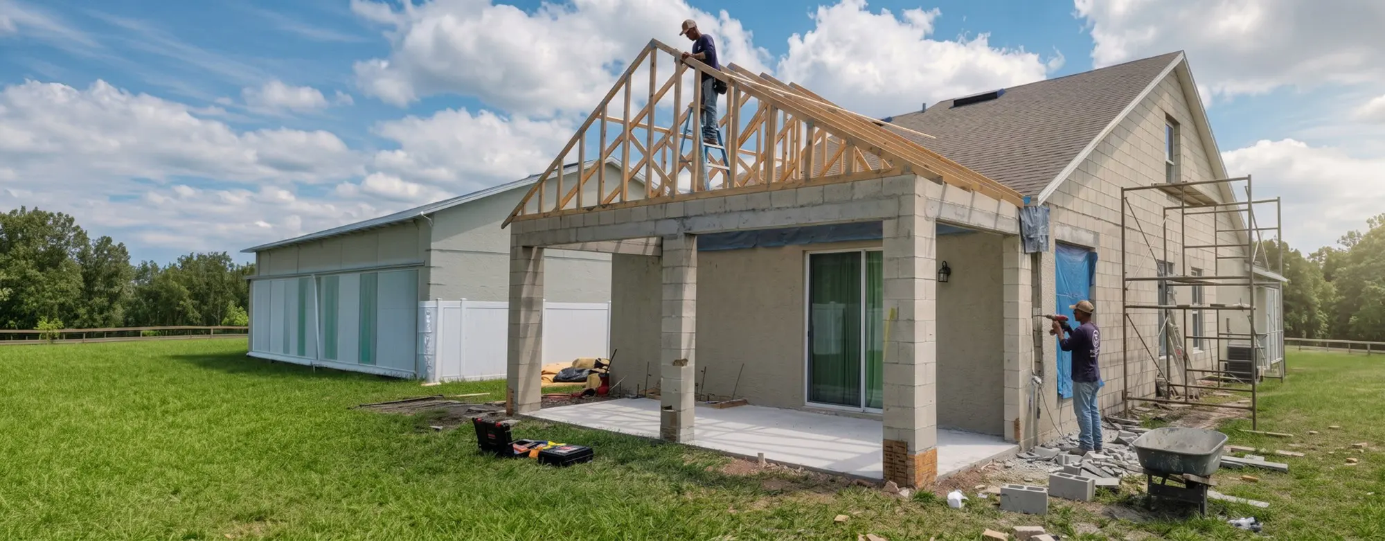 Remodeling crew framing a new patio roof addition